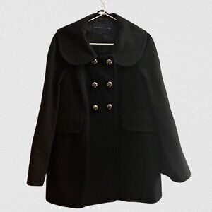 French Connection Wool Cashmere Coat – Black Swing Coat with Statement Buttons